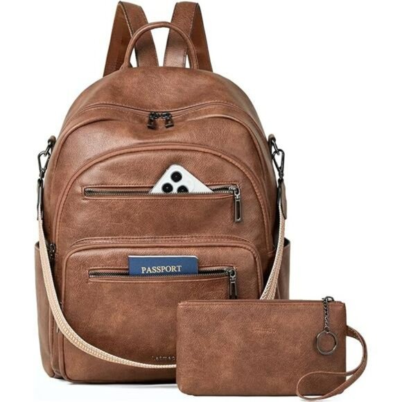 Women's Faux Leather Backpack Purse Convertible Travel Shoulder Bag Set - Picture 7 of 7